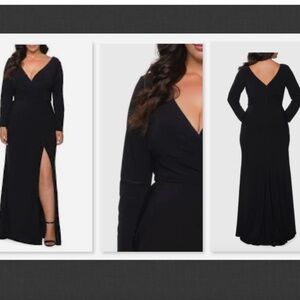 NEW  $378 La Femme 29044 Long Sleeve Ruched Gown in Black Plus Size 24
